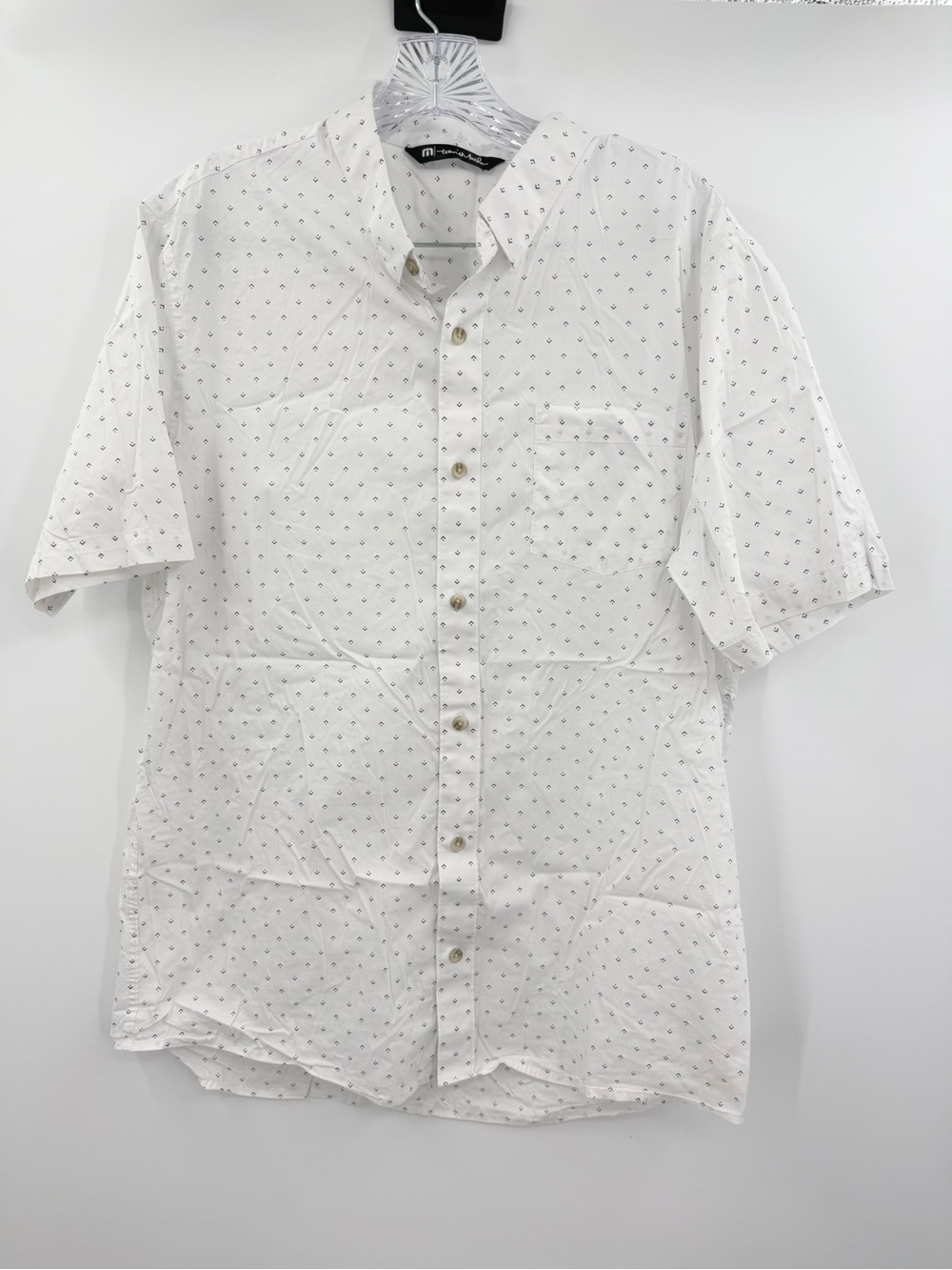 Travis Mathew Men's White Button Up Navy Geometric Arrow Print Size Large